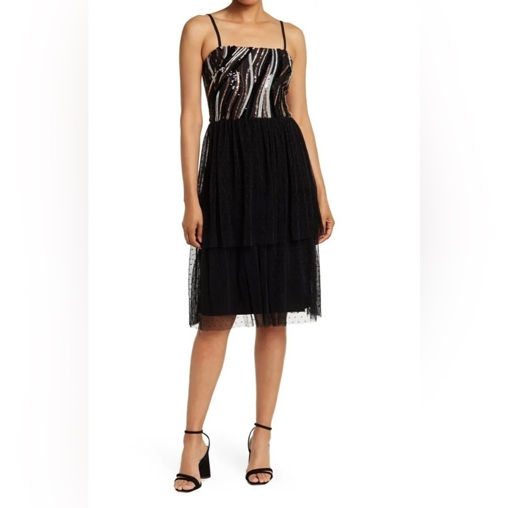 NWT DRESS THE POPULATION block print tiered sequin